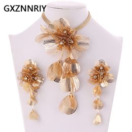 Wedding Jewelry Sets Handmade Copper Flower Necklace and Earrings Set Fashion Gold Color for Women Accessories Trendy Party Gifts 230804