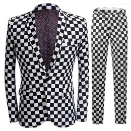 Men's Suits Luxury Fashion Black And White Cheque Suit Club Prom Formal Clothing Slim Wedding Groom Tuxedo 2-Piece Set