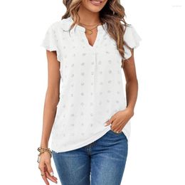 Women's Blouses Loose Fit Women Shirt Lightweight Pullover Chic V-neck Ruffle Tops Stylish Jacquard Short Sleeve For Effortless