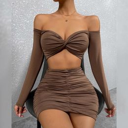 Work Dresses Fashion Sexy Two Piece Suits Outfits Women Off Shoulder Long Sleeve Cropped Tops Pleated Mini Skirts Sets Femme