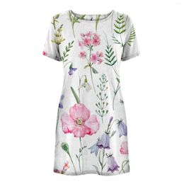 Casual Dresses Crew Neck Mini Swing Dress Women'S Summer Short Sleeved Flower Print Beach Sundress Cotton Linen Vestidos