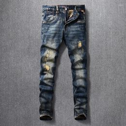 Men's Jeans Fashion Vintage Men High Quality Retro Black Blue Elastic Slim Fit Patched Ripped Embroidery Designer Denim Pants Me