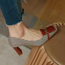 Sandals Retro Fashion Women's Shoes Thousand Bird Lattice Soft Leather Ladies Pumps Spring Square Toes Chunky Heels Female Shoes J230806