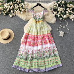 French Style Flower Printed Chiffon Dress Summer High Waist Slim Super Fairy Beach Resort Skirt