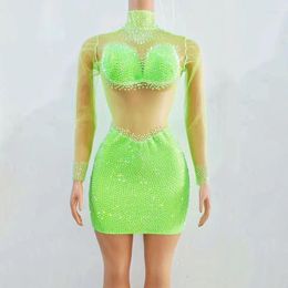 Stage Wear Mesh Perspective Fluorescent Green Full Diamond Dress Nightclub Bar Dj Performance Costumes Halloween Party DN15850