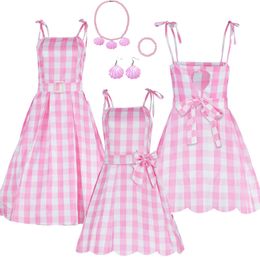 Girls Dresses Pink Princess Dress Cosplay Costume Pink Plaid Beach Skirt Outfit Beach Party Halloween Party Stage Performance for Adult Women 230804