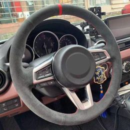 Steering Wheel Covers DIY Hand-Stitched Black Genuine Leather Suede Car Cover For MX5 MX-5 2023