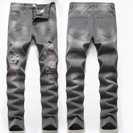 Men's Jeans Grey Casual Everyday Pants Trend Plus Size Ripped Straight Trousers Fashion Denim Shabby