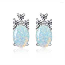 Stud Earrings White Blue Opal Oval Stone Luxury Crystal Small Heart Boho Silver Colour Wedding For Women