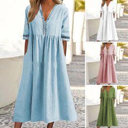 Casual Dresses Women Summer Dress V-neck Short Sleeve Lady Lace Stitching Pleated Pockets Beach Dress-up Loose Hem Female