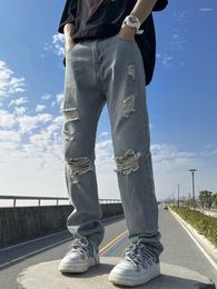 Men's Jeans 2023 Korean Style Straight Beggar Men Light Blue Wide-leg Middle Elastic Waist Pants Male Long Trousers Size 3XL