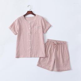 Women's Sleepwear Pijamas De Mujer Cotton Summer Pajamas Set Shorts Sleeve Women Casual Plaid Nightwear Pyjamas Suit Pocket