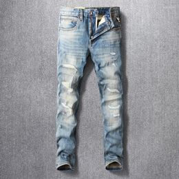 Men's Jeans Ly Designer Fashion Men Retro Blue Stretch Slim Fit Hole Ripped Trousers Patchwork Vintage Denim Pants Hombre