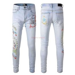 Designer Clothing Amires Jeans Denim Pants High Street Fashion Brand 22 New Amies Light Wash Old Letter Portrait Printing Slim Fit610