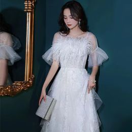 New Arrival Elegant Feather Dresses Shiny Blingbling White Long Caftan Mariage Crystals Beading Evening Gowns Vestidos Formales Dubai Princess Dress 403