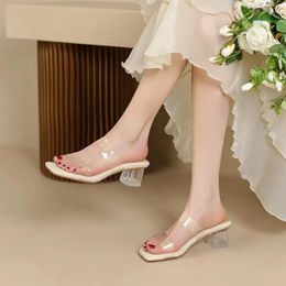 Slippers 2023 Summer Square Head Open Toe Transparent Band Sexy And Comfortable Crystal Heel Large Single Shoe Women