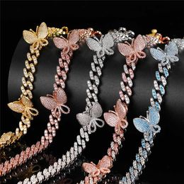 Hip Hop 9MM Single Row Zircon Full Diamond Butterfly Cuban Necklace Inlaid Butterfly Clavicle Chain