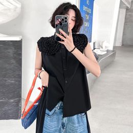 Women's Blouses 2023 Summer Sleeveless Patchwork Design Stand Collar Shirt Tops Women Streetwear Chic Loose Casual Blouse Stage Show 90225