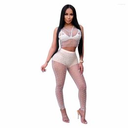 Women's Tracksuits 2023 Mesh Pearls Beading Sexy Two Piece Set Summer Outfits See Through Crop Tops And Pants Suit Matching 2 Women