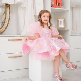Girl Dresses Pink Sequined Flower Puffy Sleeve Knee Length Communion Girls Summer Year Christmas Gown