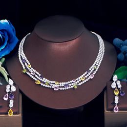 Wedding Jewellery Sets ThreeGraces Shiny Colourful Cubic Zirconia 3 Rows Multi Layer Bridal Choker Necklace Earrings Set for Women TZ784 230804