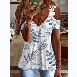 Women's Blouses Fashion Short Sleeve Women Clothes Sweet Floral Print Shirt Summer Lace Tops Elegant Off Shoulder V-neck Blouse Blusas 24860