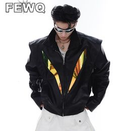 Mens Jackets FEWQ Split Shoulder Pad Pu Leather Jacket Colour Contrast Patchwork Darkwear Stand Collar Male Short Coat Fashion 9A7451 230804