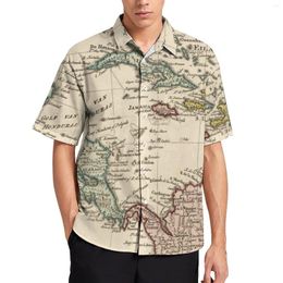 Men's Casual Shirts Vintage Map Print West Indies Caribbean Beach Shirt Summer Trendy Blouses Male Graphic Plus Size