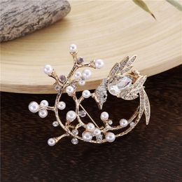 Brooches Fashion Crystal Bird Brooch Gold Colour Metal Simulated Pearl Large For Women