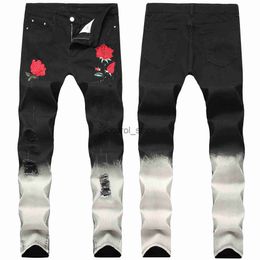 Men's Jeans New Style Black Skinny Men's Rose embroidery Hole Men Jeans Fashion Design Male Denim Pants Straight Slim Biker Ripped Jeans J230806