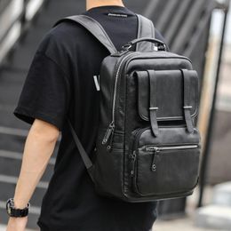 Backpack Simple Fashion Men's Soft Pu Leather Men Large Capacity 14inch Laptop Bag Students Schoolbags Travel Back Pack