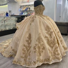 Champagne Off The Shoulder Ball Gown Quinceanera Dresses For Girls Gold Applique Lace Birthday Party Gowns Graduation Prom Dress