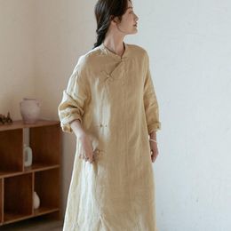 Casual Dresses Ethnic Style Cotton And Linen Dress Summer Over The Knee Literary Retro Lace-up Ramie Chinese Cheongsam Robes