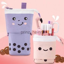 Pencil Bags Pencil Bags Cute Milk Tea Pen Pencil Telescopic Holder Stationery Case Standup Transformer Bag with Kawaii Smile Face Black Dot Organiser J230806