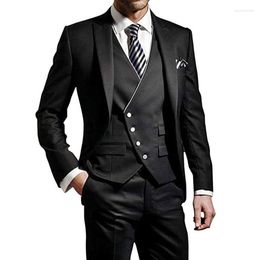 Men's Suits Elegant Men Suit Vest Jacket Pants Three Piece Peaked Lapel Green Black Slim Fit Tuxedo For Wedding Casual Costume Homme 2023