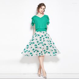 Work Dresses Women Casual Two Piece Set Green Off Shoulder Hollow Out Blouse Top And Elastic Waist Print Long Mid-Calf Skirt Summer Suit