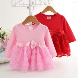 Girl Dresses 3-24M Baby Girls Dress Cotton Infant Clothing Kids Clothes Born Long Sleeves Flowers Party Princess NB Pink