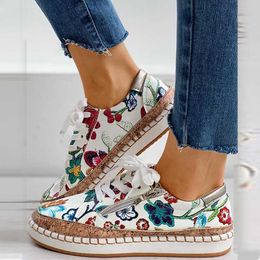 Dress Shoes 2022 Women Sneakers Lady Vulcanized Shoes Elegant Floral Printed Lace-up Female Flats Skateboard Fashion Women Casual Footwear J230806