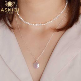 Strands Strings ASHIQI Natural Baroque coin Pearl 925 Sterling Silver choker necklace fashion Multi Layer Freshwater pearl Pendant for womam L230806