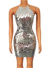 Stage Wear Shining Silver Mirrors Evening Birthday Celebrate Outfit Sleeveless Dress Party Sexy Stretch Costume Performance Clothing