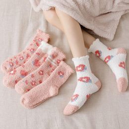 Women Socks Print Soft Homewear Kawaii Cute Thermal Long Gift Woman Winter Thick Warm Coral Fleece Floor Sleep