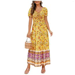 Casual Dresses Vintage Long For Women Summer 2023 Puff Sleeves Slim Floral Print Loose Plain A-line Dress Vestidos Para Mujer