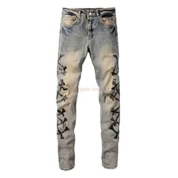 Designer Clothing Amires Jeans Denim Pants Amies High Street Camouflage Bone with Leather Knife Cut Holes Washed Into Old Jeans Mens496