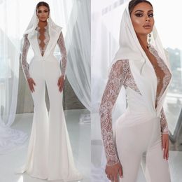 Elegant Muslim Jumpsuit Wedding Dresses Lace V Neck Long Sleeves Satin Wedding Jumpsuits Pleats Long designer bridal gowns sweep train