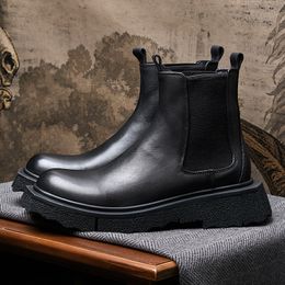 Men's Platform Genuine Leather 2024 Winter Warm British Style Retro Business Wedding Social Shoes Boots Man b