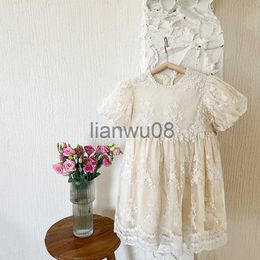 Girl's Dresses deer jonmi 2022 Summer Baby Girls Beige Princess Dresses Lace Embroidery Puff Sleeve Korean Style Toddlers Kids Party Dress x0806