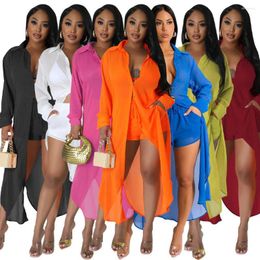 Women's Tracksuits Chiffon Long Jacket 2 Piece Short Pant Suits Set Outfit Tracksuit 2023 Women Clothes Summer Elegant Vacation Beach Two