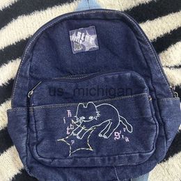 Backpack MBTI Japanese Style Vintage Womens Backpacks Denim Cute Cartoon Embroidery Blue Backpack Students Cat Kawaii Fashion Ladies Bag J230806