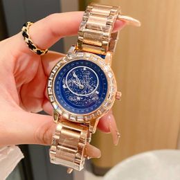 Luxury Women Watches Quartz Movement Japan Battery Rose Gold Strap Stars Dial Dress Watch Diamond Bezel Waterproof Casual Designer Wristwatch Montre De Luxe