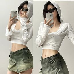 Women's T Shirts Stylish And Sexy Hooded Sun Protected Shirt Long Sleeve Crop Top Short Length Lightweight Fabric